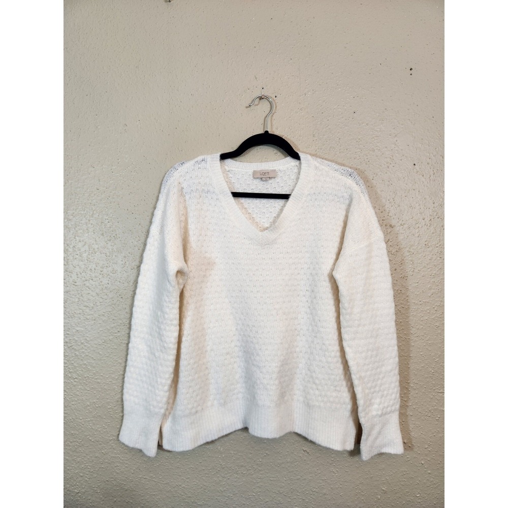 Loft Womens Large Ivory V-Neck Sweater Textured Diamond Knit Pullover
